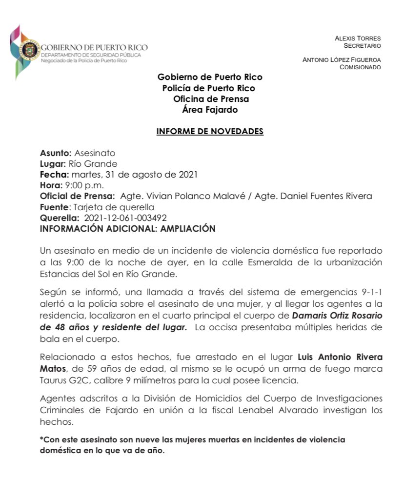 Damaris Ortiz Rosario, 48, became the ninth woman killed last night in the middle of an incident of sexist violence. This new femicide occurred in Río Grande. Damaris' husband, Luis Rivera Matos, remains under arrest awaiting the filing of charges