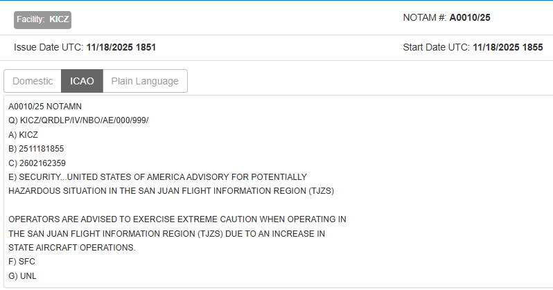 NOTAM KICZ A0010/25: The US warns of a potentially dangerous situation in the San Juan FIR (TJZS) and urges extreme caution due to increased state operations. NOTAM KICZs are FAA international safety alerts for sensitive airspace.